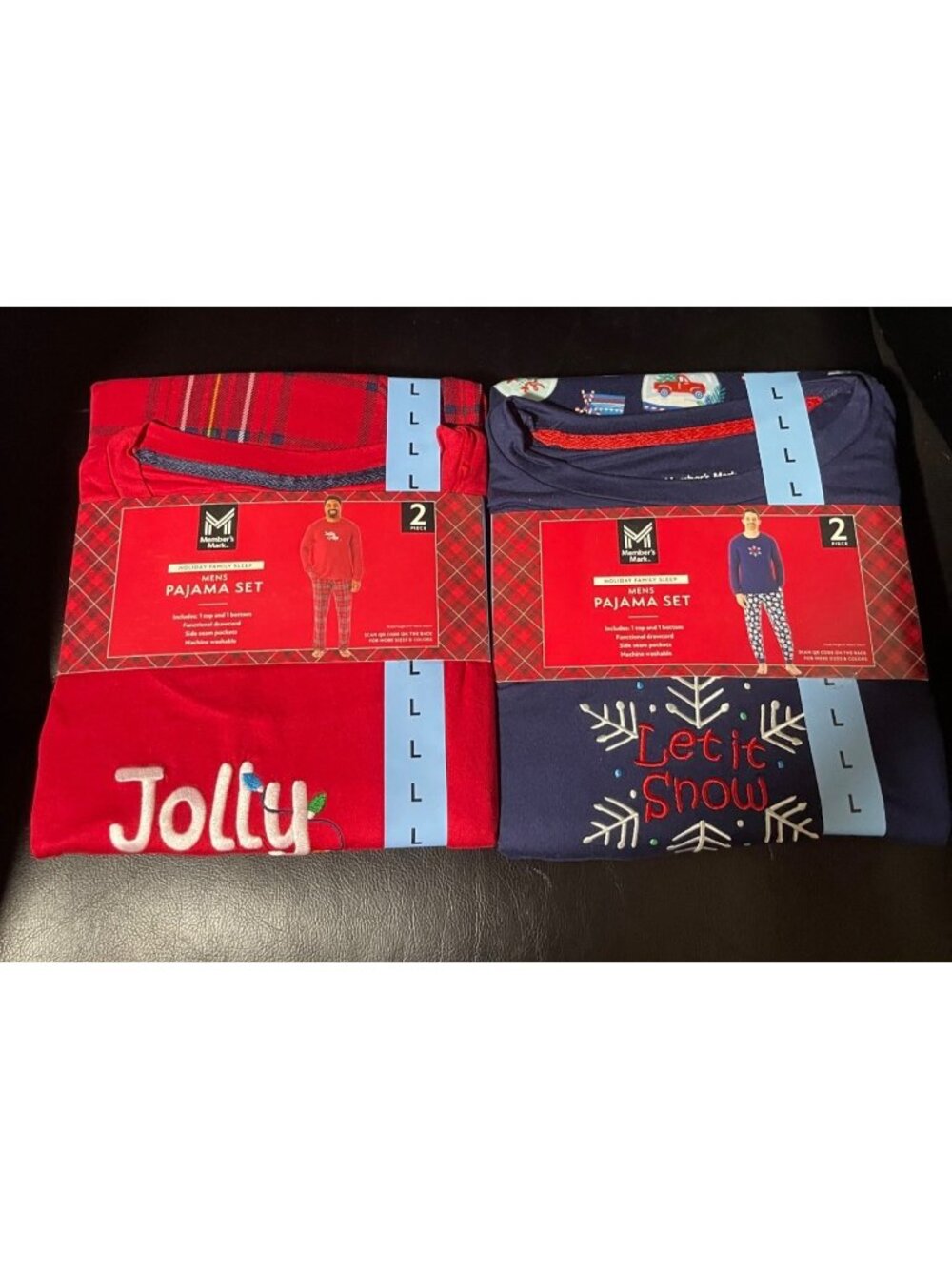 Mens Holiday Pajamas 2 Sets Red & Navy Blue Christmas Prints Plaids Size L
